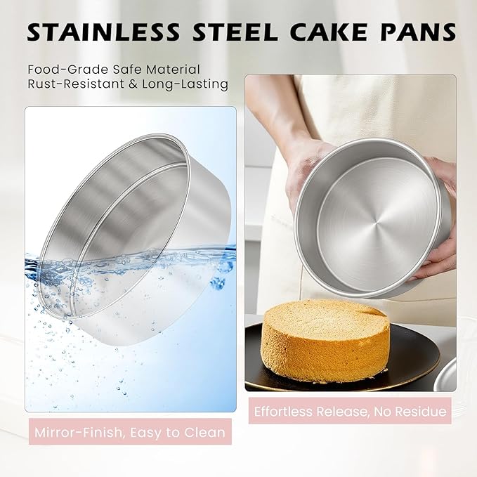8 Inch Cake Pan - 3PCS Stainless Steel Round Layer Cake Baking Pans with 100 PCS Parchment Paper, Round Bakeware for Party Birthday Wedding, Mirror Finish & Dishwasher Safe