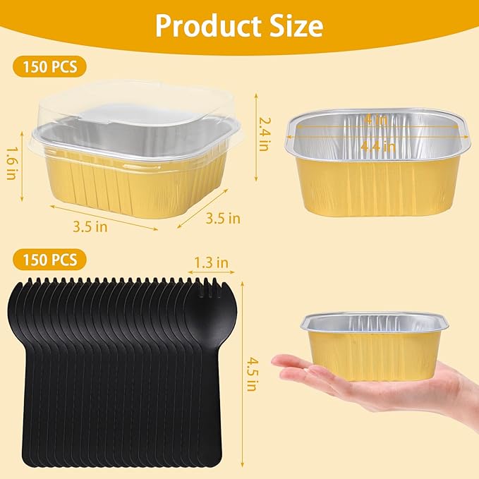 FORBFAN 150 Pack Mini Cake Pans with Lids and Spoons, 10 oz Aluminium Foil Square Brownie Baking Cups, Disposable Ramekins Cupcake Tins