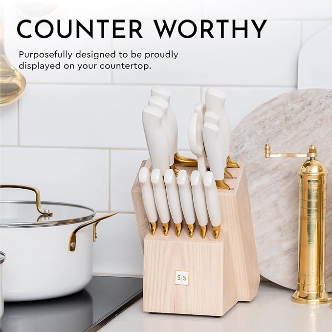 White and Gold Knife Set with Block Self-Sharpening – 14-Piece Titanium Coated Gold and White Kitchen Knives with Ashwood Block and Built-In Sharpener – Luxury Kitchen Accessories, Ideal Gift