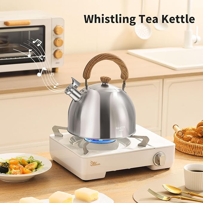 18/8 Stainless Steel Tea Kettle for Stovetop (5L / 5.29 Quart, Whistling Tea Pot, Wood Handle)-Silver