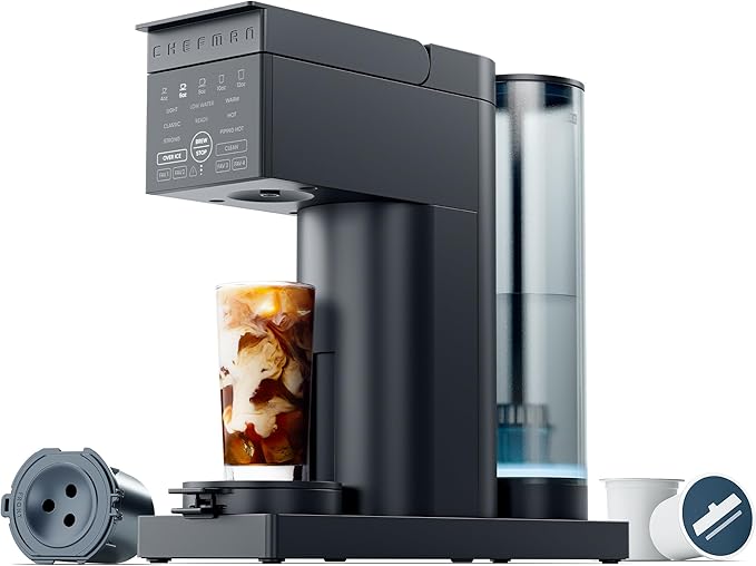 Chefman Caffeinator Single Serve Coffee Maker, Brew Kcups & Grounds, Drip Coffee Machine with Brew Strength Settings, Iced Coffee Function, 48 oz. Removable Water Reservoir - Includes 4 Filters