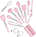 E-far Silicone Cooking Utensils Set, 14-Piece Pink Kitchen Utensils Set with Holder, Kitchen Tools Spatulas with Stainless Steel Handle for Non-stick Cookware, Heat Resistant & Dishwasher safe