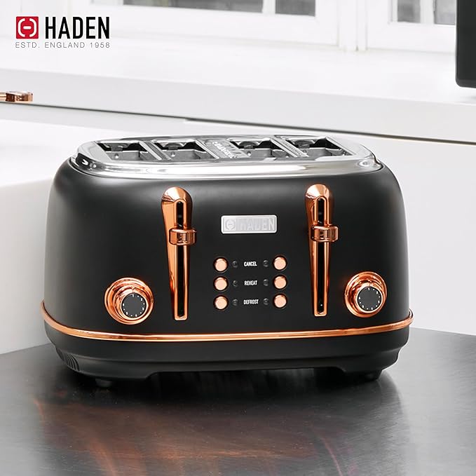HADEN Heritage 4-Slice Toaster with Extra Wide Slots, 1500-Watt, Black & Copper - Retro Stainless Steel Design with Self-Centering Function, Adjustable Browning Control & Removable Crumb Tray