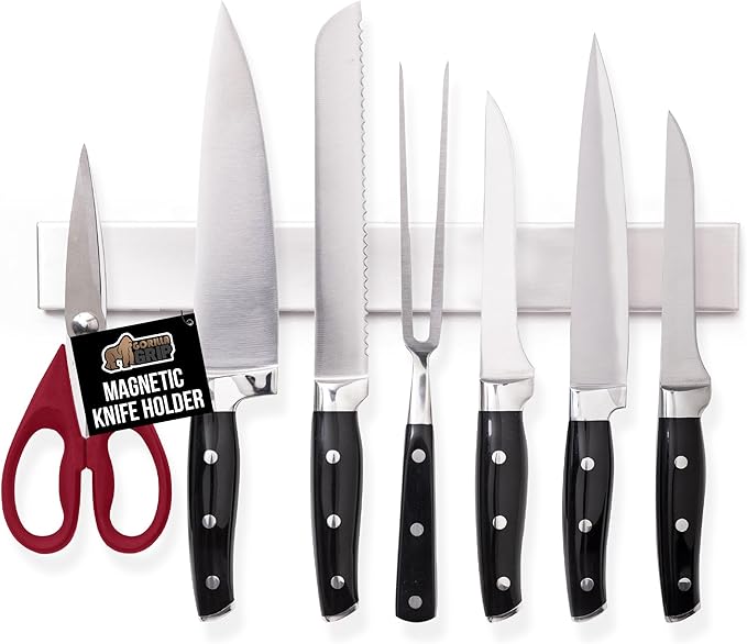 GORILLA GRIP Stainless Steel Magnetic Knife Holder for Wall, Multi-Purpose Magnet Bar for Knives, Tools, Art Supplies, Heavy Duty Strip Holds Up to 6 lbs, Kitchen Organizer, Drilling Required, 10 Inch