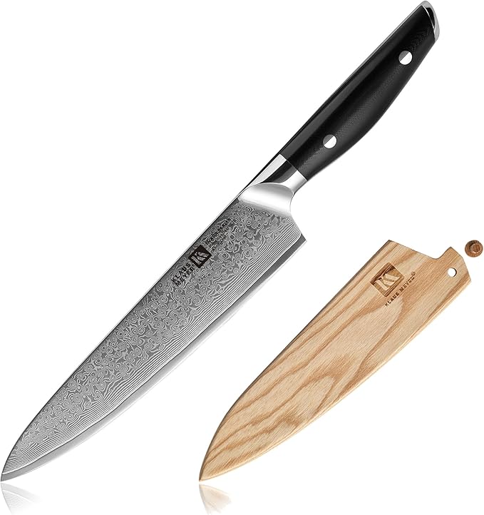 Klaus Meyer Luxor 8 Inch Chef Knife, Damascus Kitchen Knife, VG10 High Carbon Stainless Steel Japanese Chefs Knife with Wood Sheath