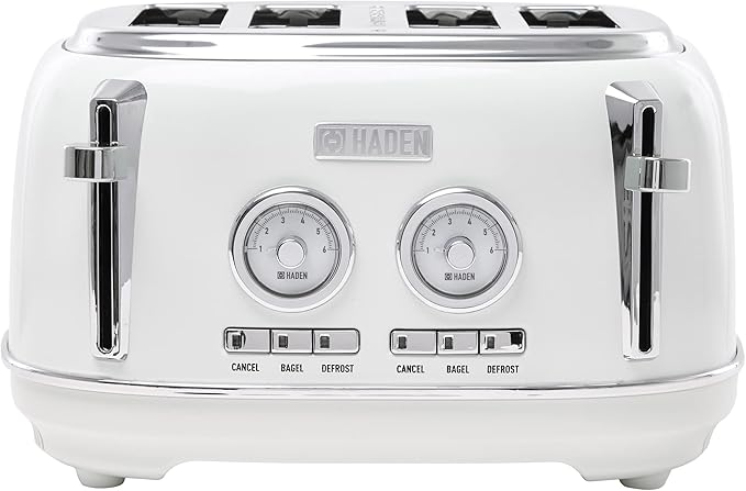 Haden Dorset 4 Slice Wide Slot Stainless Steel Toaster with Adjustable Browning Control & Non-Slip Feet, Ivory & Chrome