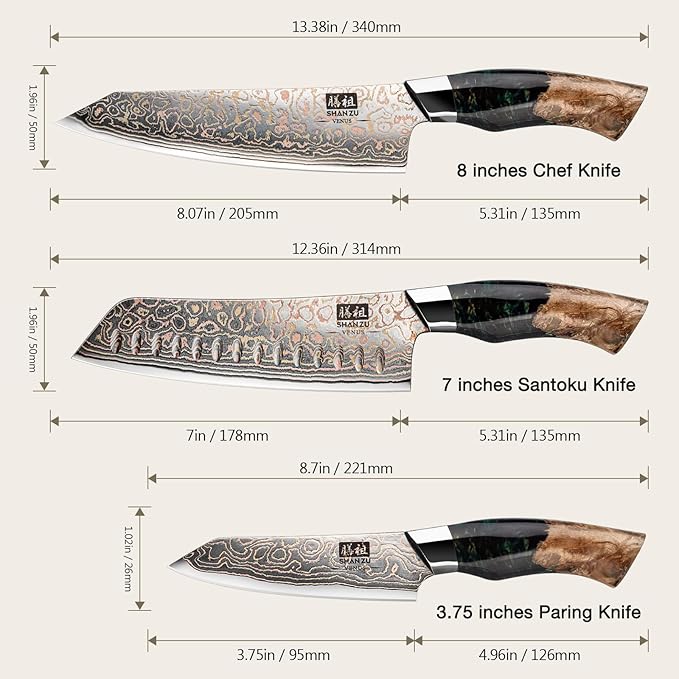 SHAN ZU Damascus Knife Set, Copper & Damascus Steel Japanese Kitchen Knives, High Carbon 33 Layer Hand Forged Utility Knife Professional Sharp Kitchen Knife with Maple Wood Handle