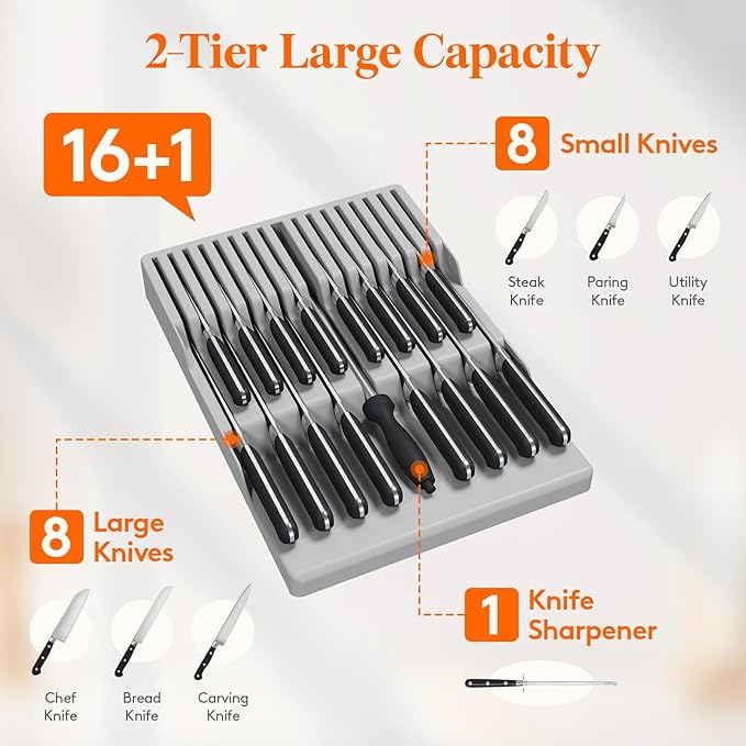 Lifewit Magnetic Drawer Knife Organizers Insert, Kitchen Plastic In Drawer Knife Block Slots for 16 Knives and 1 Sharpening Steel, Extra Large Steak Chefs Knives Holder Storage Sets, Gray
