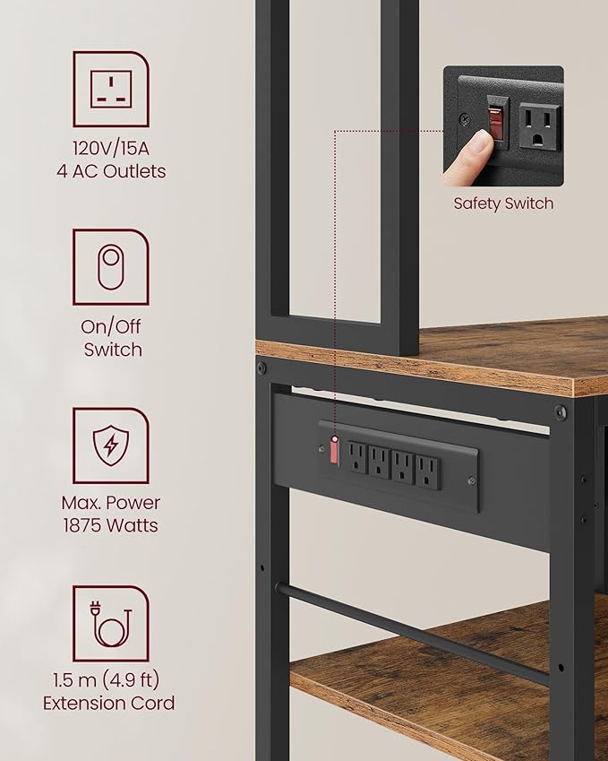 VASAGLE Bakers Rack with Charging Station, Coffee Bar with Adjustable Storage Shelves, Fabric Drawer, 12 Hooks, 15.7 x 31.5 x 71 Inches, Kitchen Microwave Stand, Rustic Brown and Ink Black UKKS015K01
