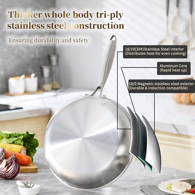 DELARLO Tri-ply Stainless Steel Frying Pan Set with Lid 8"10" Induction large Skillets Chef's Pan,Pots and Pans Set Kitchen Cookware Set Suitable for All Stove