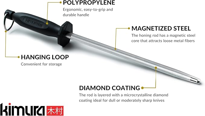 Kimura Professional Diamond Honing Rod, 10 Inch, Silver, Extra Fine Grit, Magnetized, Ergonomic Handle, Versatile Knife Sharpener, Japanese Gift Box