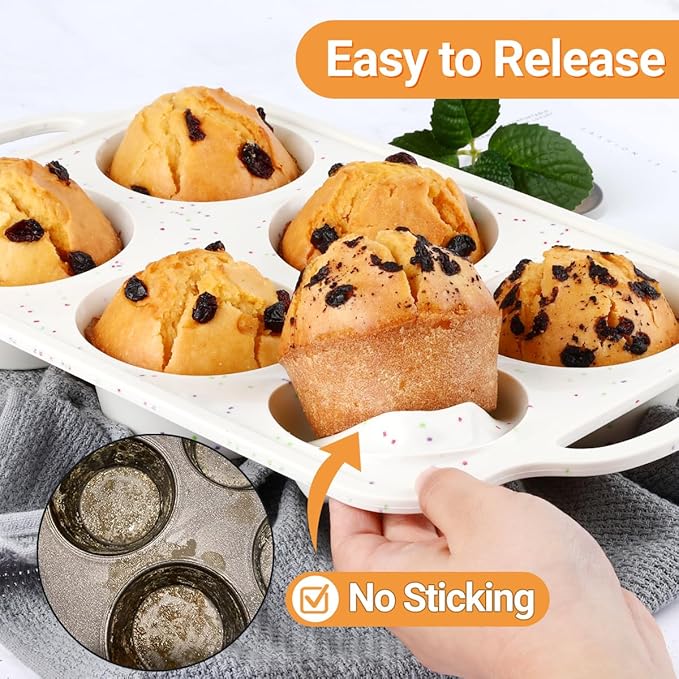 FUNBAKY Jumbo Silicone Muffin Pan with Metal Frame, 3.5 Inch Large Muffin Pans 6 Cups 2 Pack Confetti