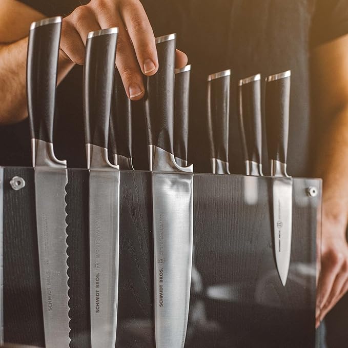 Schmidt Brothers - Black Downtown Magnetic Knife Block, Ebony Stained Red Oak and Acrylic Shield Universal Cutlery Storage For 16-18 Knives