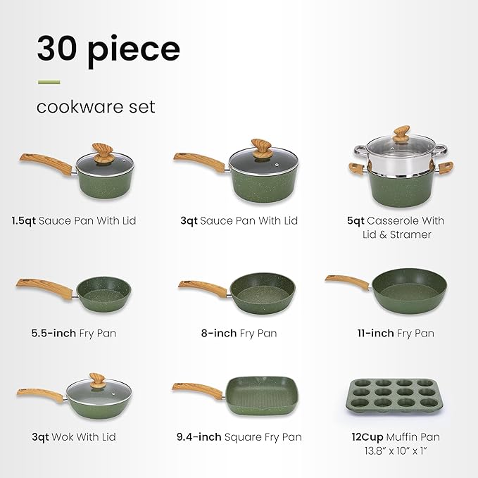 30 Piece Pots and Pans Set Non Stick, Granite Induction Cookware Sets, Nonstick Kitchen Cookware Sets, Non Toxic Cookware Set with Frying Pans and Saucepan, Kitchen Pots and Pans Set, Black