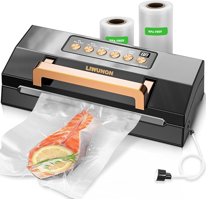 Powerful Suction Vacuum Sealer Machine,Commercial Fully Automatic Food Vacuum Sealer with Double Heat Seal,Dry & Moist Modes,Built-in Cutter,Bags Storage,Easy-Lock Handle,Include 2 Bag Rolls (Black)
