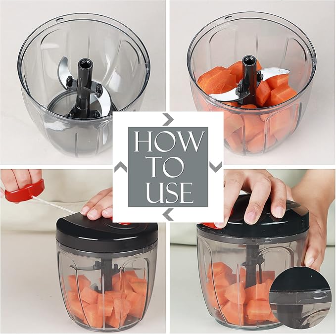 Ourokhome Manual Food Processor Vegetable Chopper, Portable Hand Pull String Garlic Mincer Onion Cutter for Veggies, Ginger, Fruits, Nuts, Herbs, etc., 900ml, Black