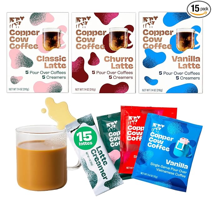 Copper Cow Premium Vietnamese Coffee Variety Pack (15 Coffees & 15 Creamers)| Classic Black, Churro, & Vanilla Latte | Pour Over Single-Serve Lattes, No Refrigeration Needed, Travel Friendly