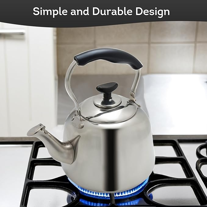 Lily's Home Whistling Tea Kettle for Stovetop, 2 Quart Stainless Steel Water Kettle with Loud Whistle, Cool-Touch Handle & Induction Compatible Base - For Gas, Electric, & Induction Cooktops