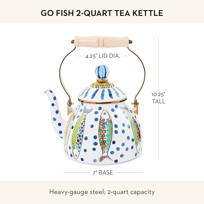 MACKENZIE-CHILDS Enamel Tea Kettle, Cute Tea Kettle for Stovetop, 2 Quarts, Go Fish