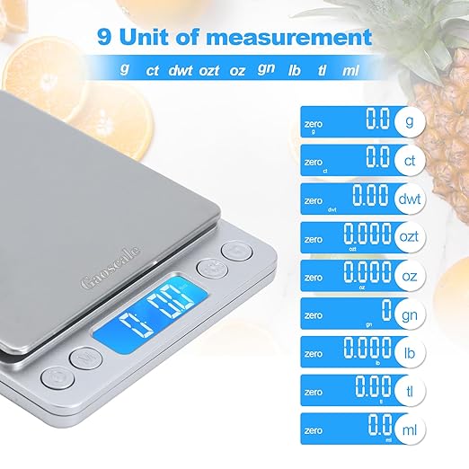 Kitchen Scale, Digital Food Scale, Gaoscale Grams and Ounces Scale High Accuracy with Tare Function for Cooking Scale, Baking Scale Jewellery Scale, 9 Units, 2 Tray 3000g by 0.1g Small