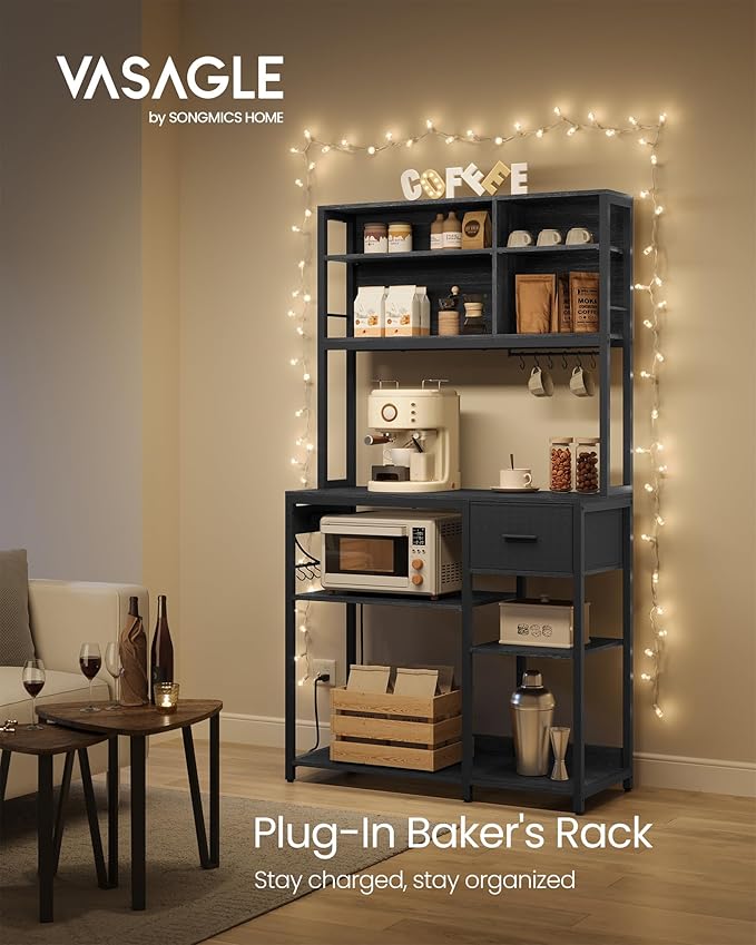 VASAGLE Bakers Rack with Charging Station, Coffee Bar with Adjustable Storage Shelves, Fabric Drawer, 12 Hooks, 15.7 x 39.4 x 71 Inches, Kitchen Microwave Stand, Charcoal Gray and Ink Black UKKS027B01