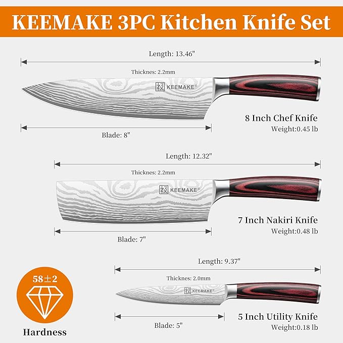 KEEMAKE Kitchen Knife Sets, 3 Pieces Professional Chef Knife Set with High Carbon Stainless Steel, Ultra Sharp Blade Kitchen Knives Sets with Ergonomic Pakkawood Handle & Gift Box