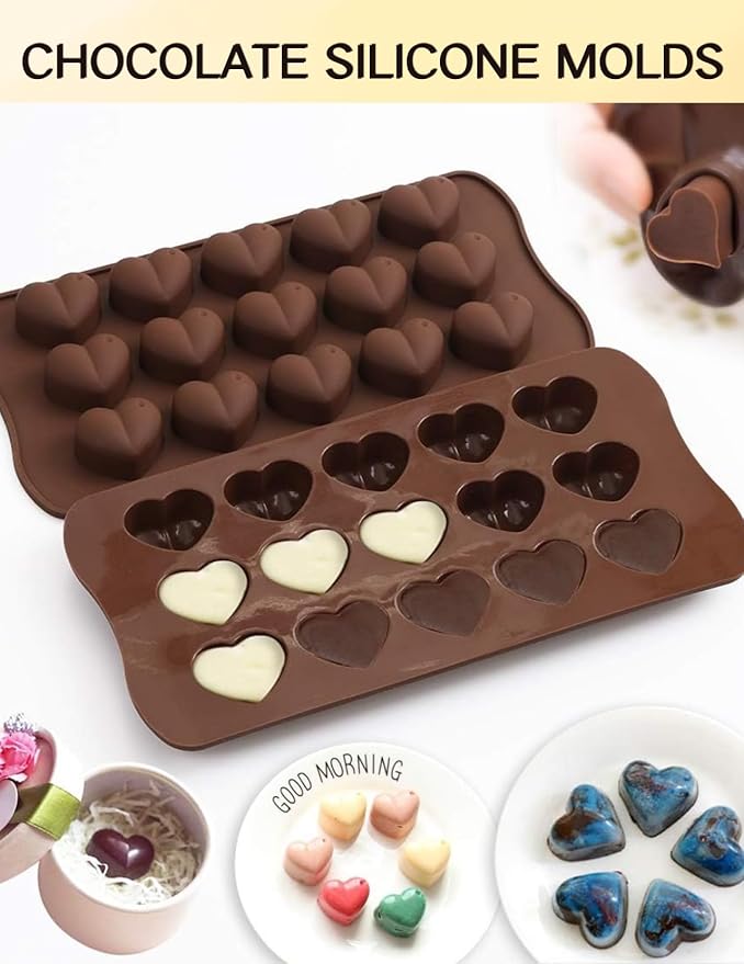 Silicone Chocolate Mold, Heart Shaped Cavities for Easy Release Treats 15 Cavity Candy Bar Gummy Molds for Valentine Baking, Pistachio, Candy, Snacks