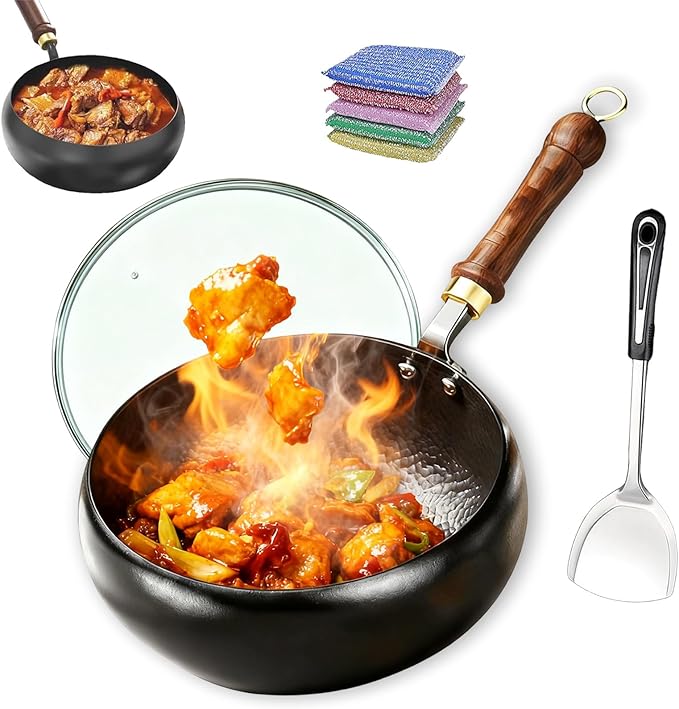 Jinswhdre Cast Iron Skillet, 9.5/11in Jinswhdre Japanese Irons Pan, Hand Forged Uncoated Iron Pan with Lid Spatula, Non-stick Wok for Cooker Gas Stir Fry Pans Durable and Rust-Free (Glass Lid,9.45in)