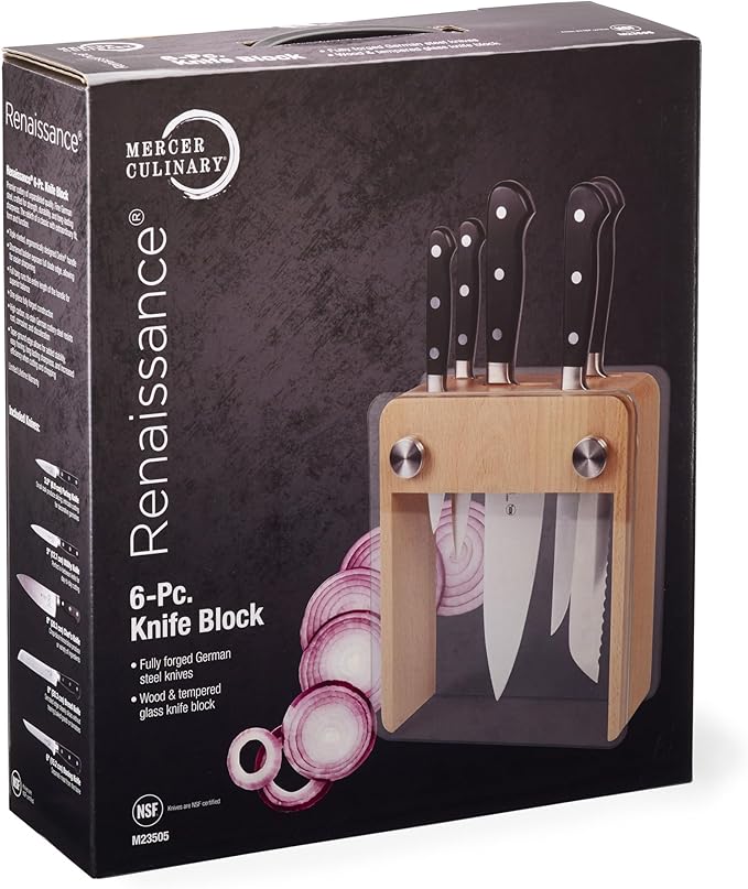Mercer Culinary - M23505 Renaissance Forged Knife Block Set, 6-Piece, Wood Block with Tempered Glass