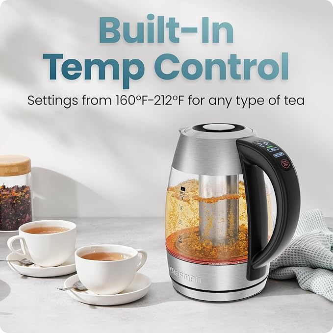 CHEFMAN Lightning High-Powered Electric Kettle, 1.8L 1750W, Rapid Boil 2 Cups in 2 Minutes, BPA Free Cordless Tea Kettle with Digital Temperature Control and 1-Hour Keep Hot – Stainless Steel