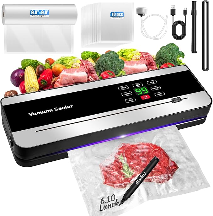 Cordless Vacuum Sealer Machine with UV-C Light, Digital Display & Built-in Cutter, Compact Rechargeable Food vacuum Sealer for Dry & Moist Foods, Includes 10 Pre-cut Bags & 1 Roll Bag (Black)