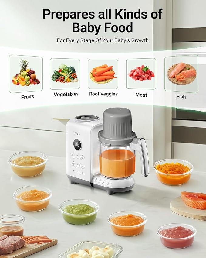 Bear Baby Food Maker with Two Layer Steam Baskets, One Step Baby Food Processor Steamer Puree Blender, Baby Food Mill with Bottle Warming Sterili-zing Auto Cleaning Function, BPA-Free, White