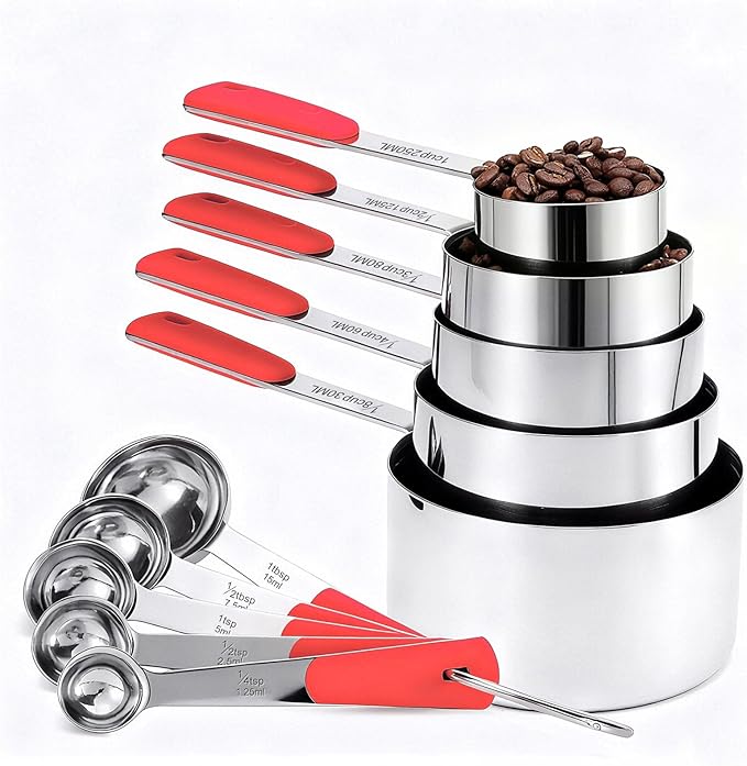 Measuring Cups and Spoons Set, Stainless Steel 10 Piece for Cooking and Baking (5 Cups + 5 Spoons, Red Handle)