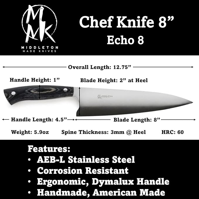 Middleton Made Knives Echo 8 Inch Chef Knife - Handmade Professional Chef Knife - Chefs Knife Made with AEB-L Stainless Steel - USA Made Knife - Great Chef Gifts - Charcoal
