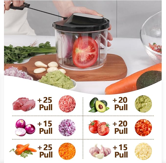 LHS Manual Food Processor Large Vegetable Chopper, 1000ML Pull String Chopper Garlic Mincer Onion Cutter for Veggies,Salad,Fruits, Nuts, BPA Free, Black
