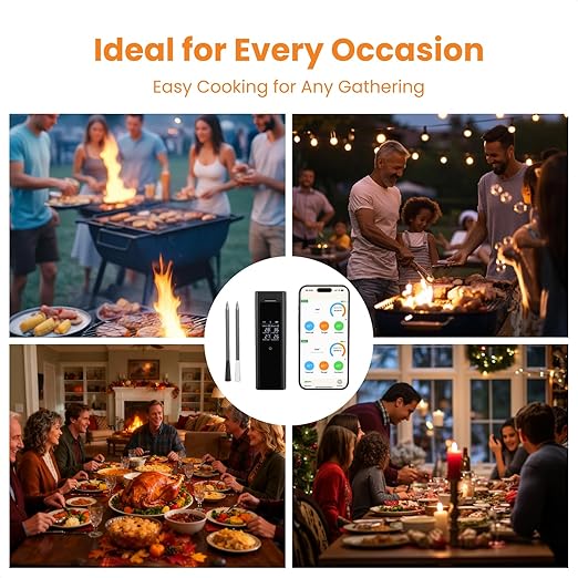 Wireless Meat Thermometer with 2 Color-Coded Probes, ±1.8℉ Accuracy, IP67 Waterproof, App Control & Real-Time Monitoring, Two-Way Alerts for Kitchen, BBQ, Grill, Oven, Smoker
