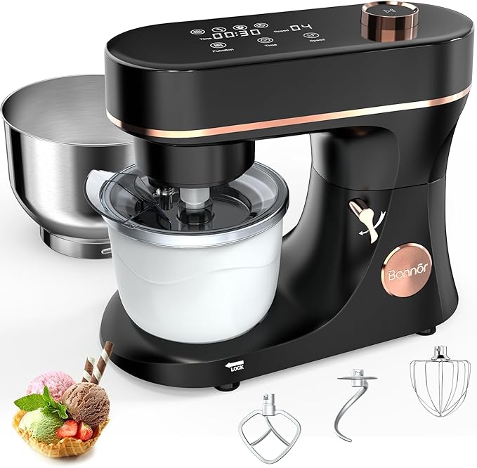 Stand Mixer Set, 6QT Kitchen Mixer with LED Touchscreen, 11-Speed Tilt-Head Mixer with Timer, 4 Preset Menus, Stainless Steel Bowl, Hook, Whisk, Beater,Plus 2QT Ice Cream Maker Attachment,Black