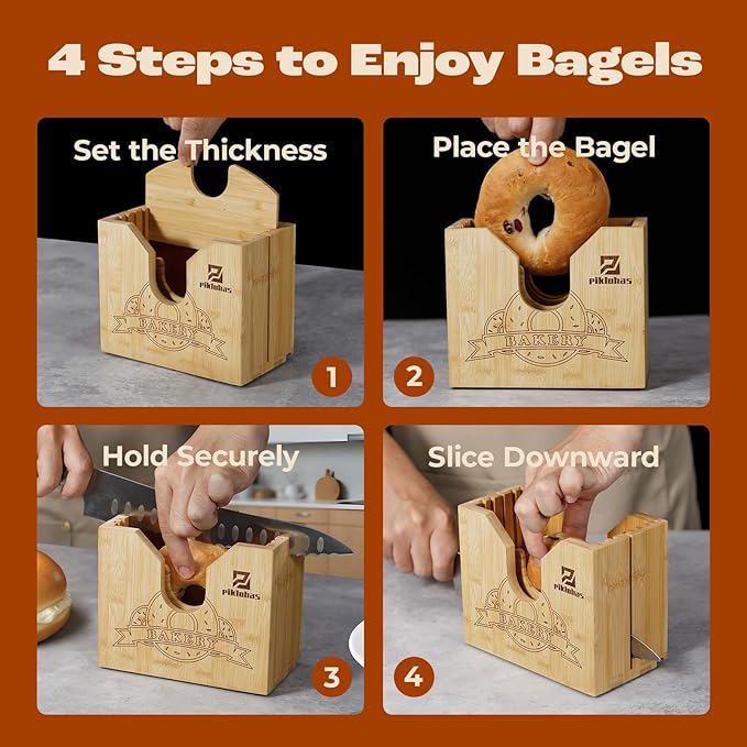 2025 Upgrade Bagel Slicer, Bamboo Bagel Cutter for Small and Large Bagels, Bread Slicer for Buns, English Muffins, 2 Adjustable Thickness, Anti-slip Mat, Ideal for Gift (No Knife)