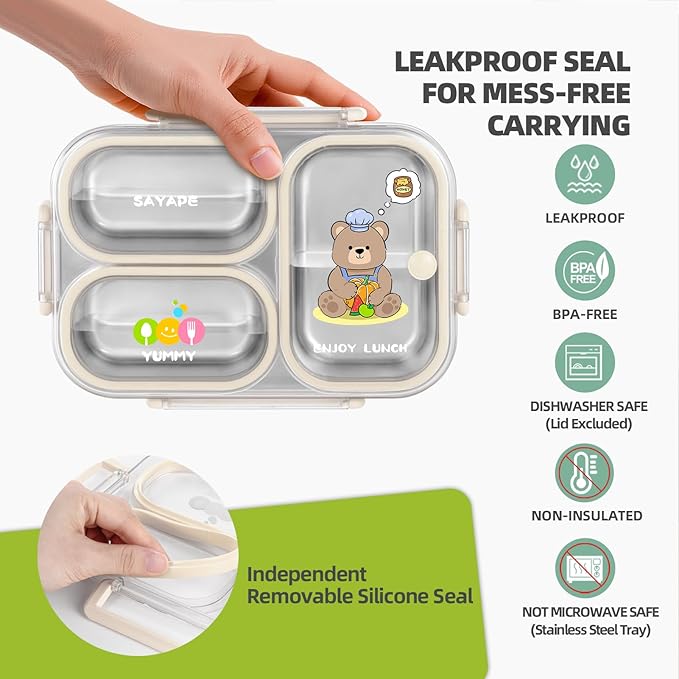 Stainless Steel Bento Lunch Box for Kids, 26.4 oz Leak-Proof 3-Compartment Metal Bento Box, BPA-Free, Cute Cartoon Meal Prep Snack Container with Utensils for School, Office, Travel - Beige