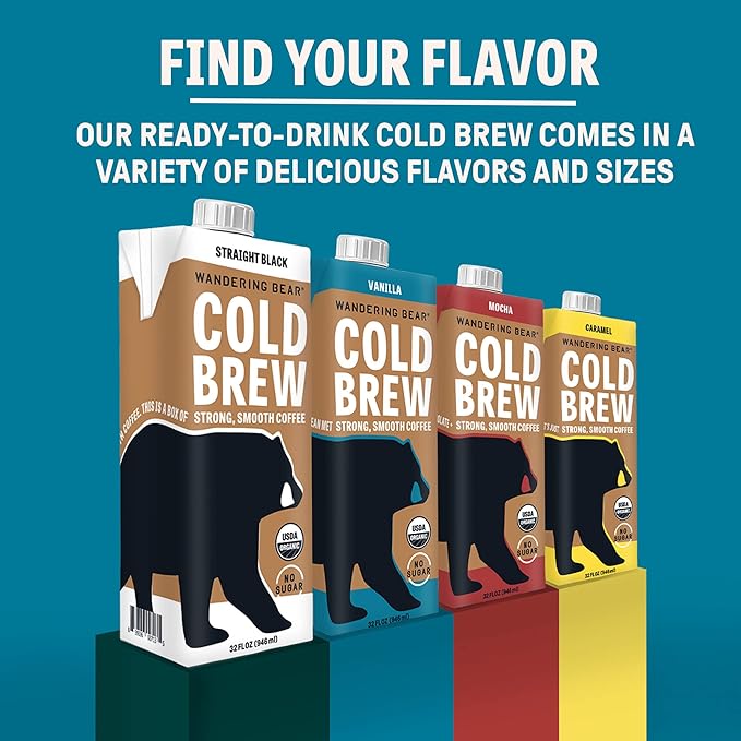 Wandering Bear Organic Vanilla Cold Brew Coffee - Extra Strong, Bold, Smooth, Unsweetened, Shelf-Stable, Ready to Drink, Gluten Free, & Vegan Iced Cold Brewed Coffee Drink - 32 fl oz, 3 pack