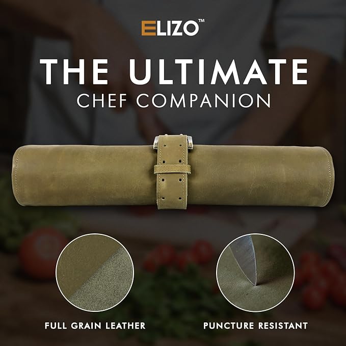 ELIZO Leather Knife Roll Bag Professional Chef Knife Case, Durable Knife Sheath Holder, Cooks & Culinary Tools Carrying Storage, Portable Knife Wrap - 4 Slots (Eucalyptus)