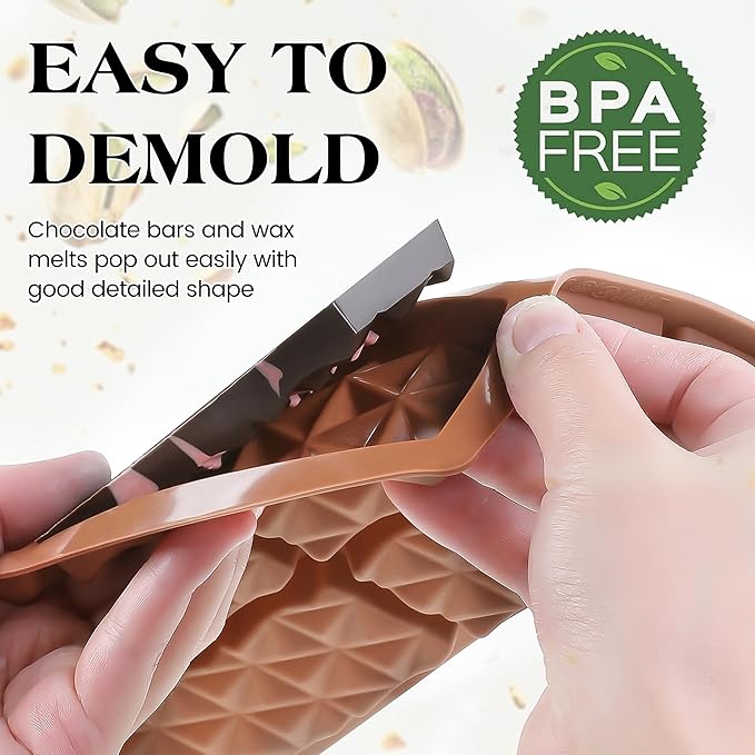 2 Pcs Chocolate Bar Mold Deep Dubai Stuffed Silicone Molds for Filling Knafeh Pistachio Chocolate Bar and Wax Melts Rectangle Thick Candy Bar Molds Break Apart (Pyramid)