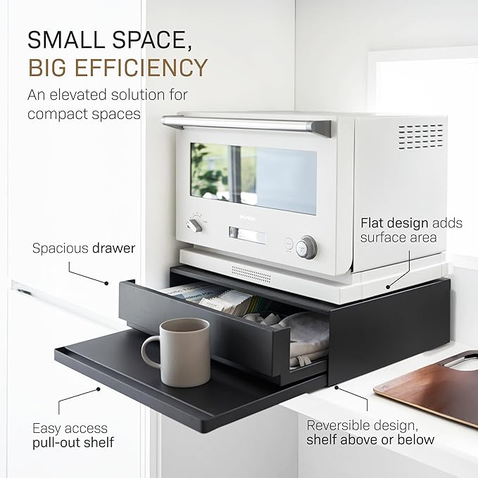Yamazaki Home Tower Kitchen Countertop Organizer Appliance Stand With Drawer And Pull-Out Shelf - Steel