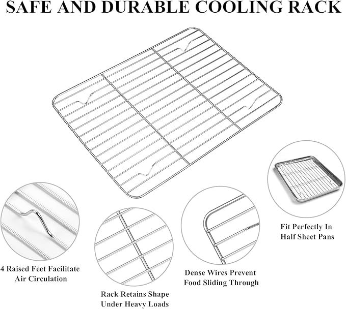 Deedro Baking Sheet with Rack Set [2 Sheets + 2 Racks], Stainless Steel Cookie Half Sheets Baking Pan Oven Tray with Cooling Rack, 10 x 8 x 1 Inch, Heavy Duty, Non-toxic, Easy Clean