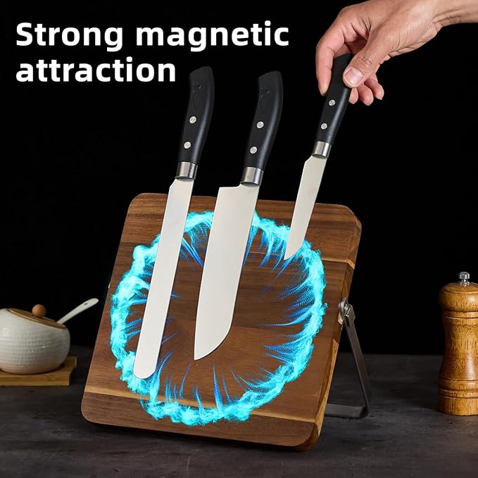 Double-Sided Magnetic Knife Block, Acacia Wood Kitchen Knife Holder, Universal Storage Organizer