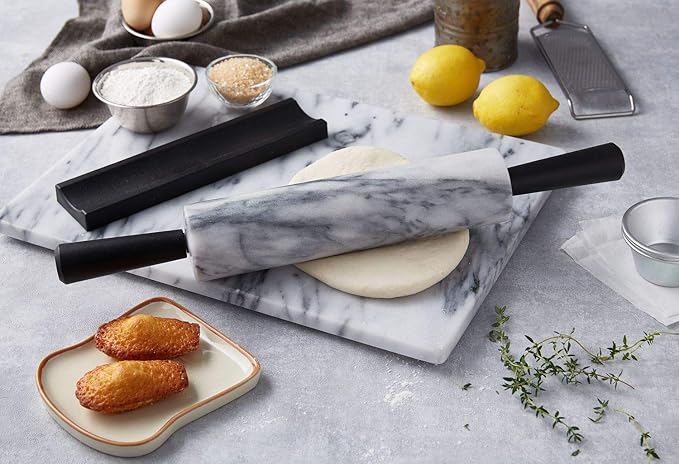 JEmarble Rolling Pin-Plastic Handles(White)(Premium Quality) Polished Surface 18-inch(10"Barrel) Genuine Stone Non-stick Save Effort Easy to Clean