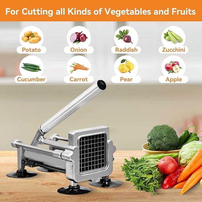 Commercial French Fry Cutter Stainless Steel.Potato Cutter for French Fries with 1/4Inch Blade, Commercial French Fry Cutter Manual Potatoes Cutting Machine with Suction Feet.