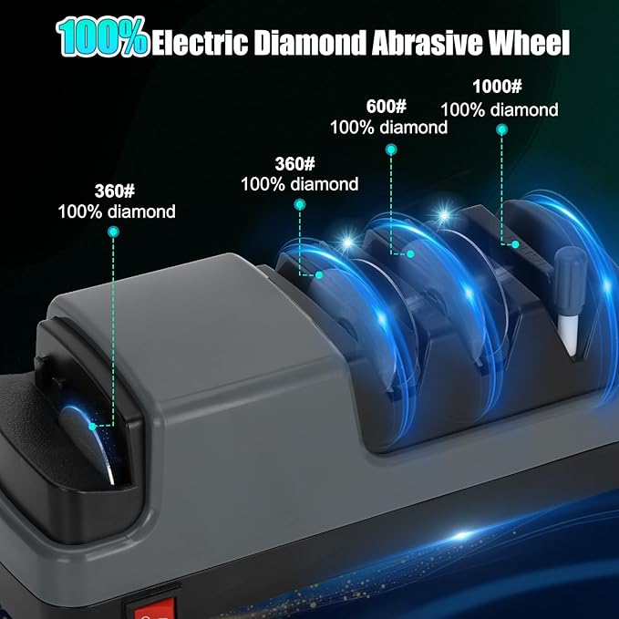 4-Stage Electric Knife Sharpener, For Kitchen Knives, Serrated Knives and Scissors, 100% Diamond Abrasive for Rapid Sharpening & Polishing, Grey Knife Sharpener