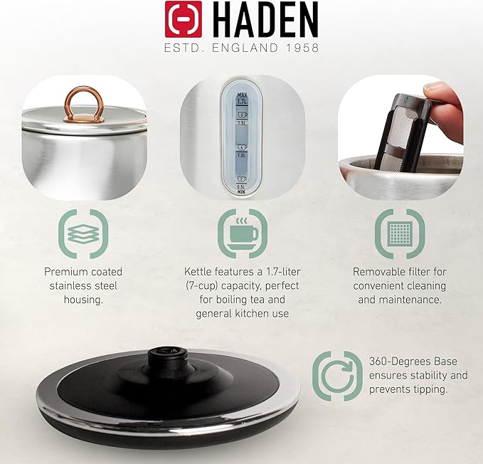 Haden Heritage 4 Slice Wide Slot Stainless Steel Toaster Bundled with 1.7 Liter Stainless Steel Electric Water Kettle, Steel & Copper