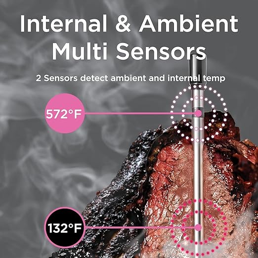 Wireless Meat Thermometer with Digital Meat Probe, Measures Internal & Ambient Temp, 800FT Bluetooth Meat Thermometer with Host Control for Barbecue, Outdoor Grilling, Oven & Smoker (Black)